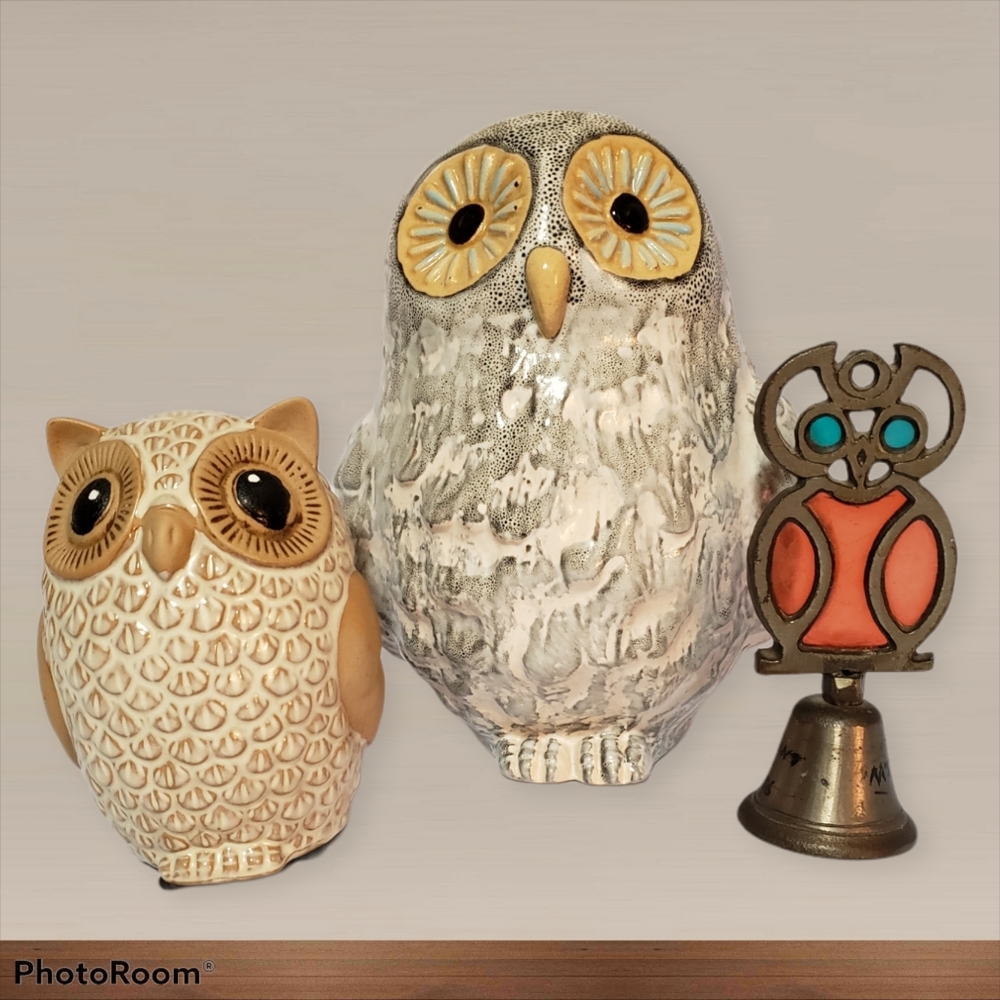 Lot of 3 Owl Figures Ceramic Metal